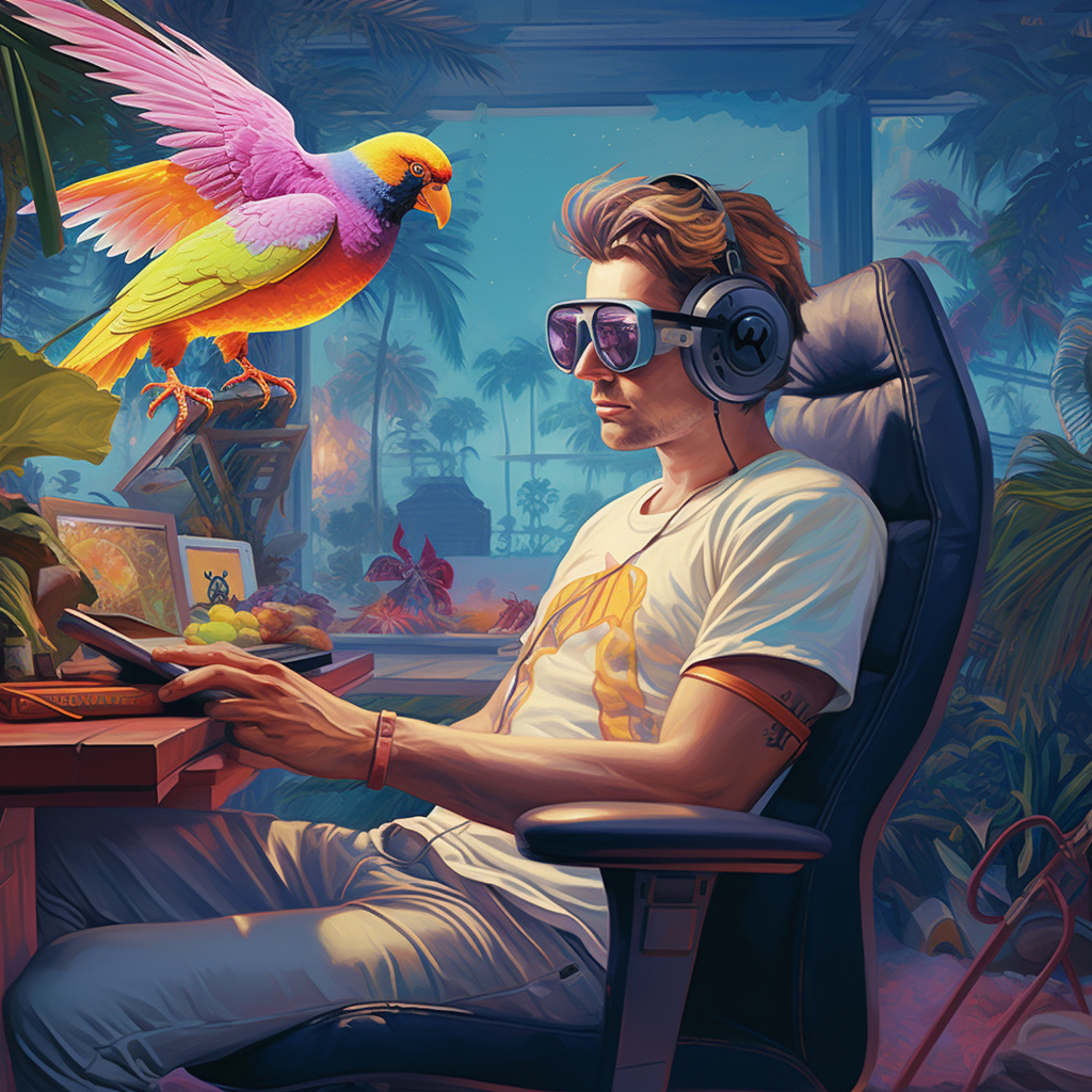 Realistic gaming chair player with bird