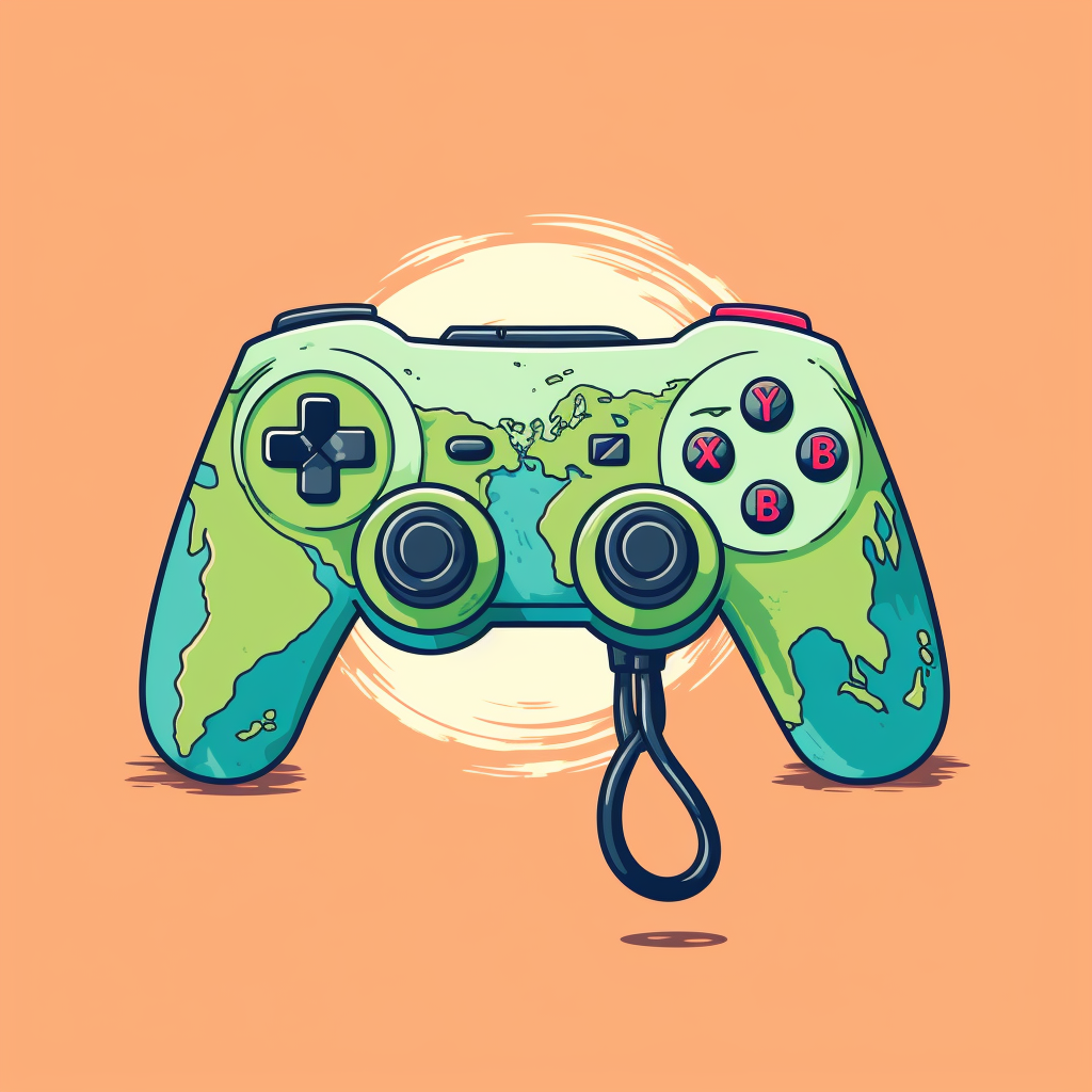 Simplistic cartoon gaming controller connected to Earth with wire