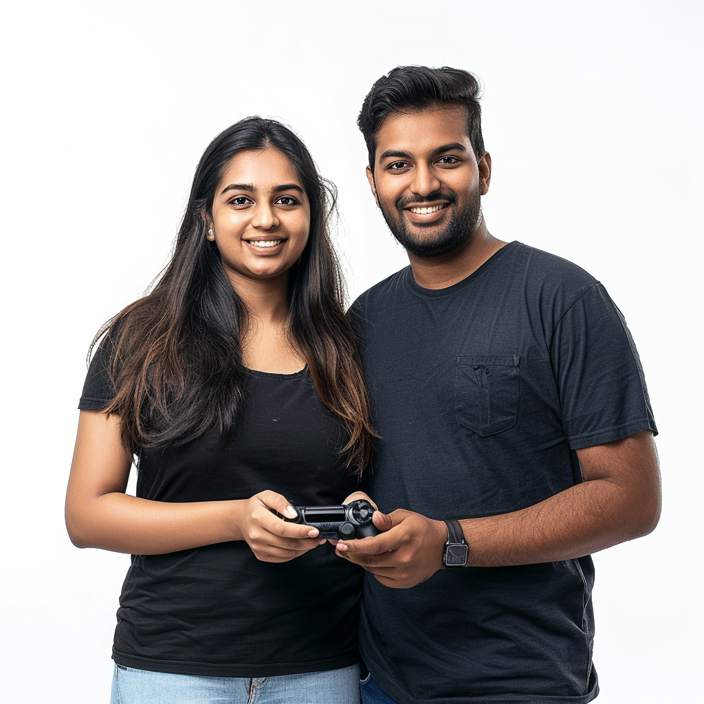 gaming couple standing smiling together