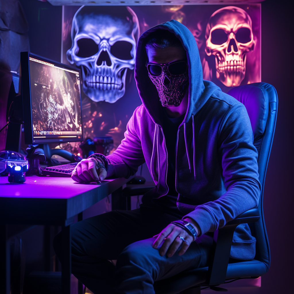 Man sitting at gaming desk with LED skeleton mask