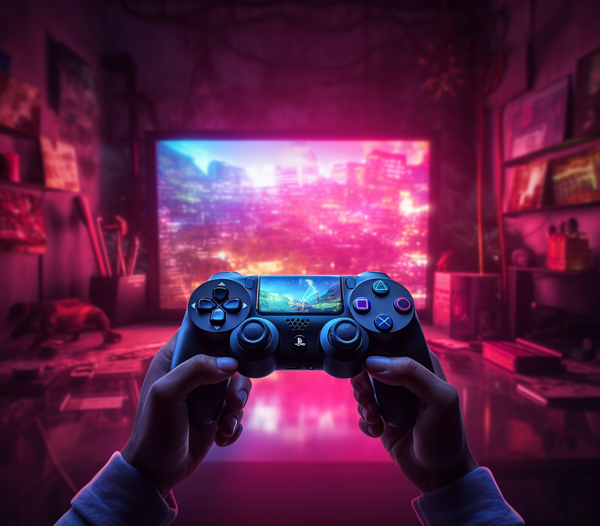 First-person gaming perspective with colorful lighting