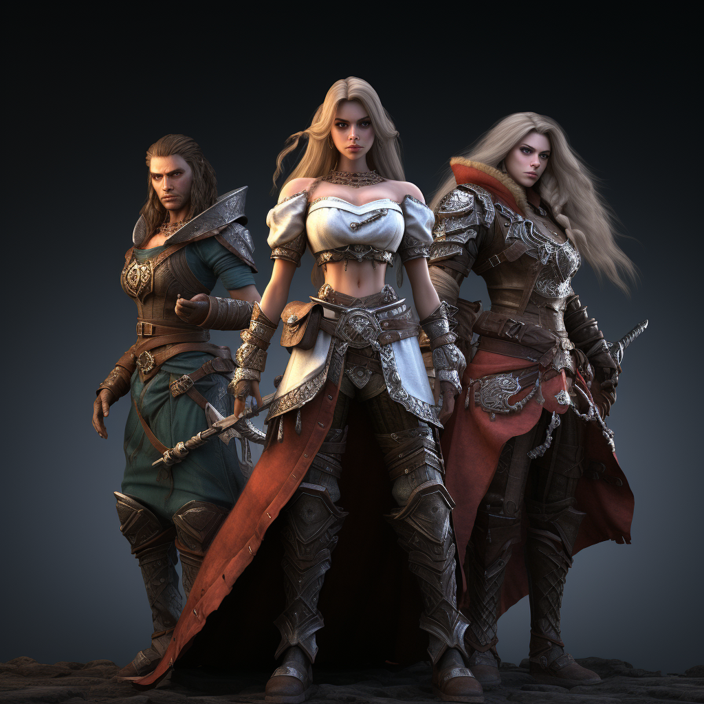 Gaming MMO Three Unique Characters Dark Background