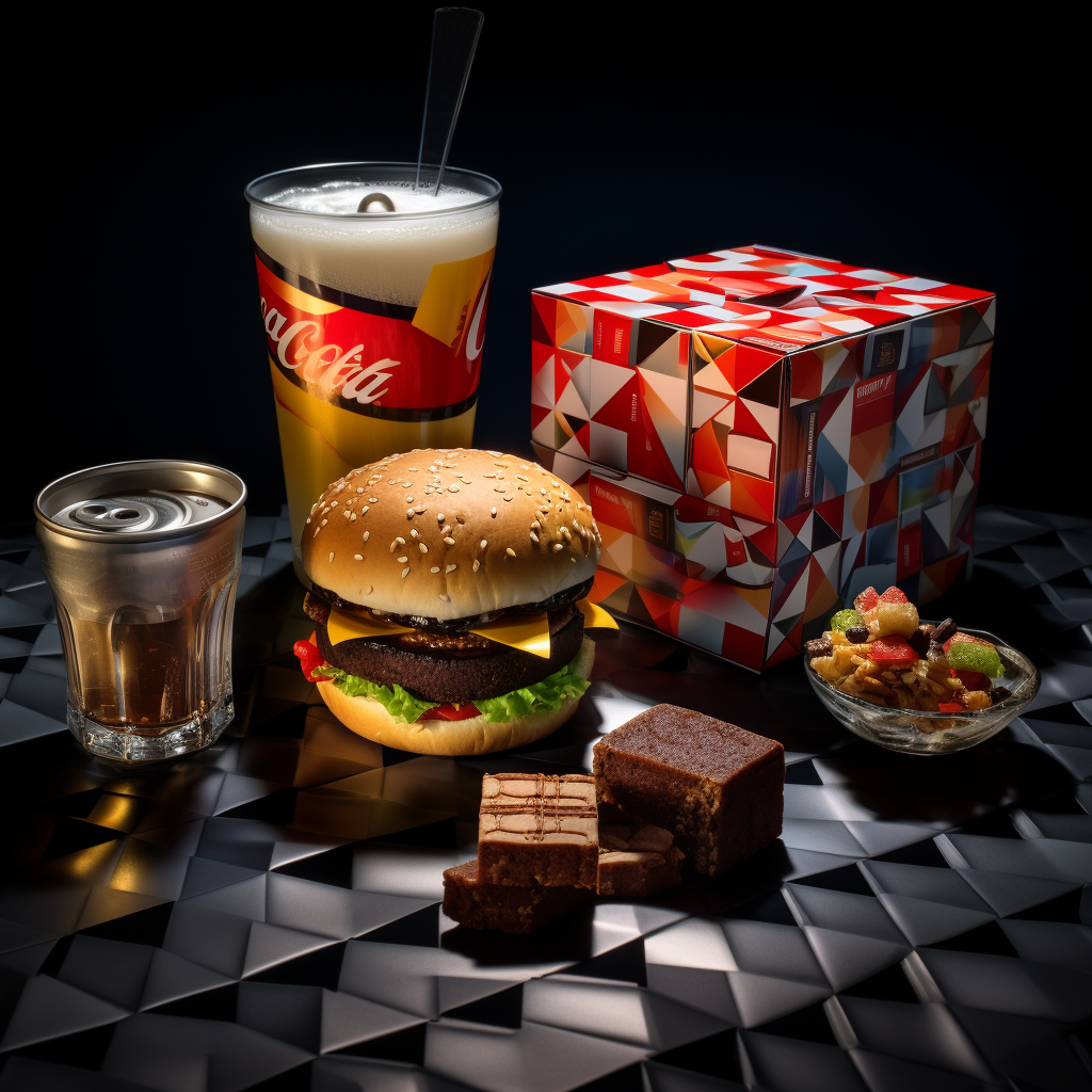 Photorealistic image of Gan Rubix cube, coke, burger, and movie tickets