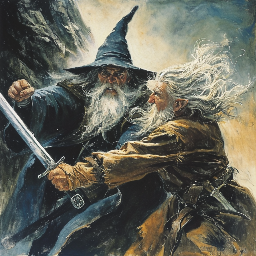 Gandalf battling Barlog in the dark fantasy realm