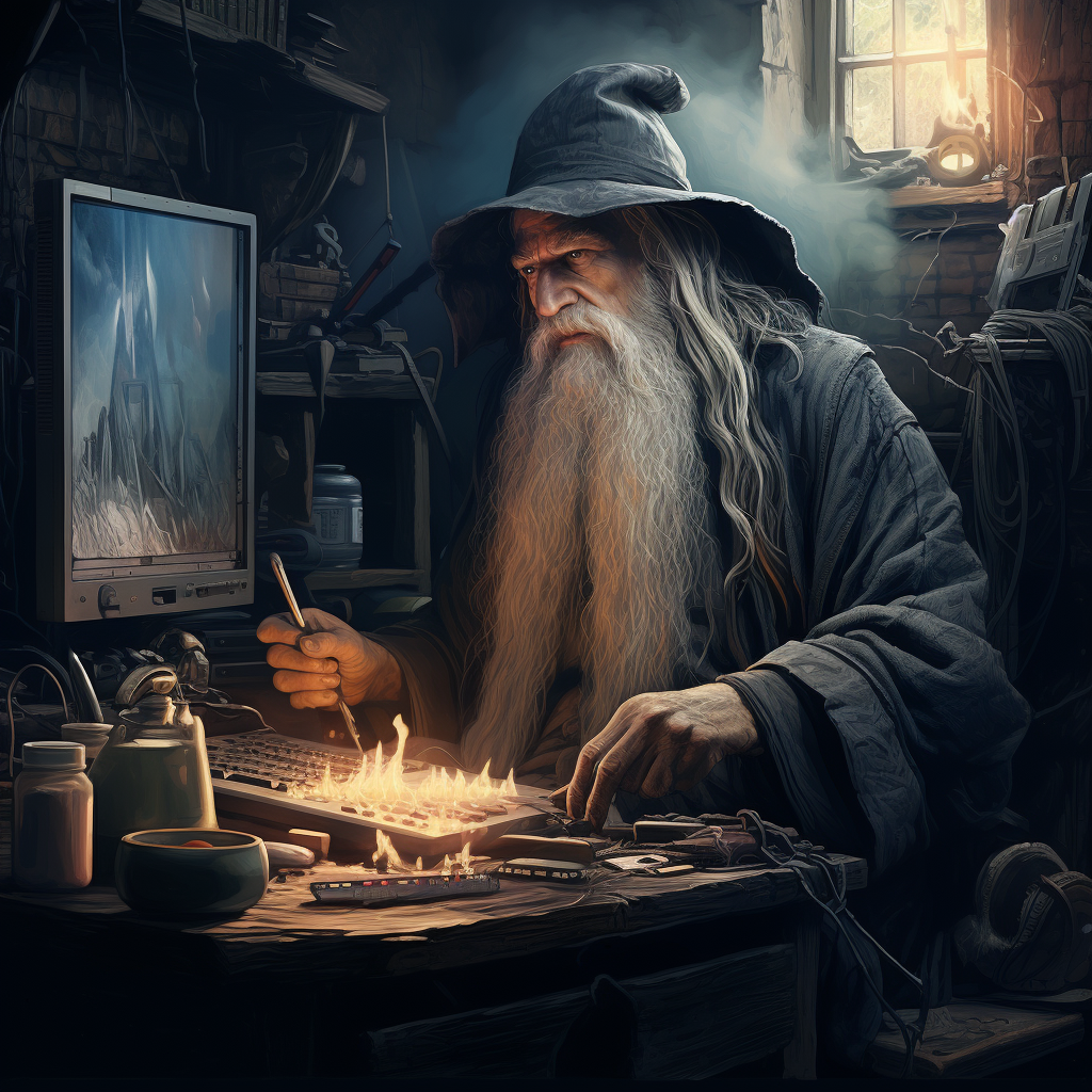 Gandalf sitting at computer smoking pipe