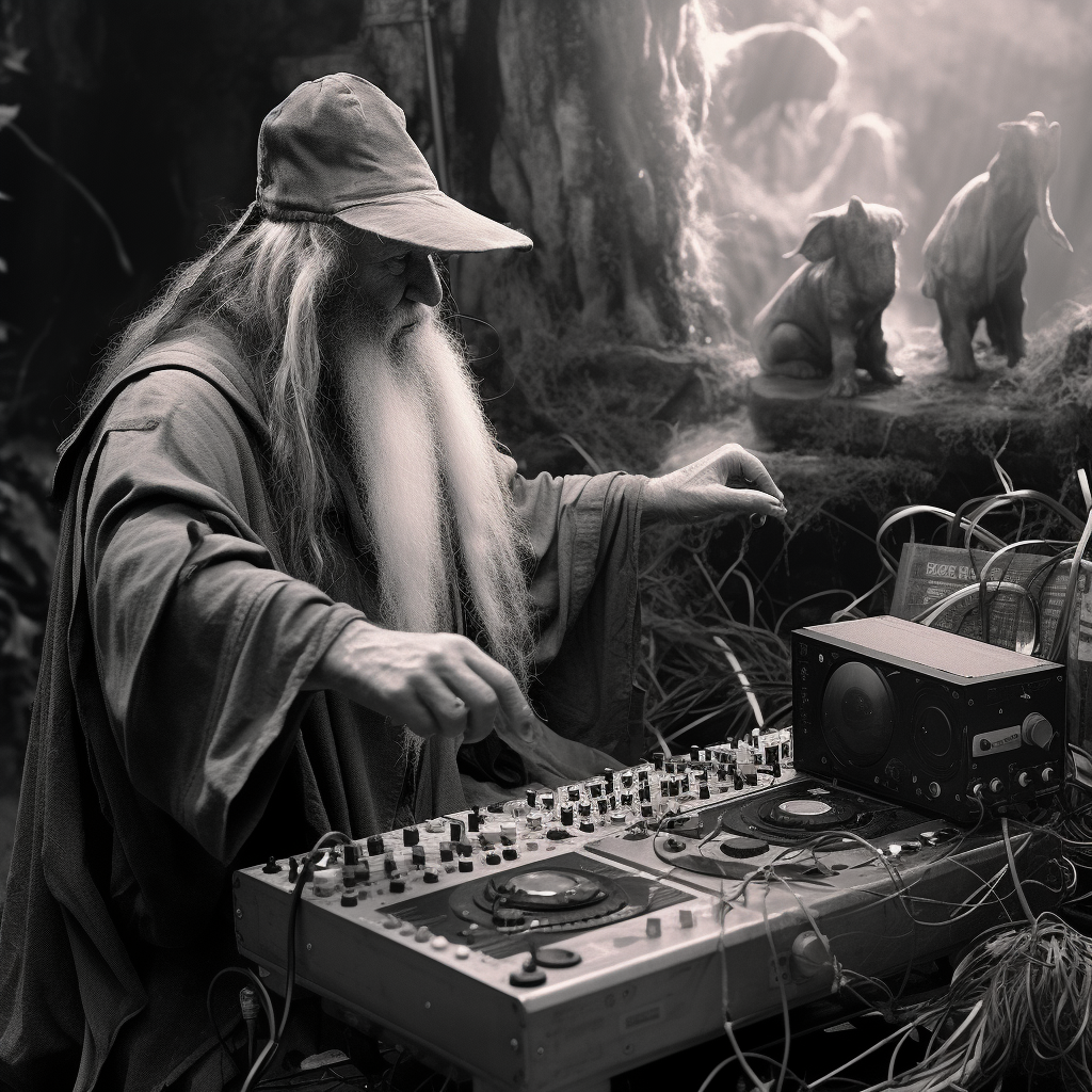 Gandalf DJing to orcs in black and white