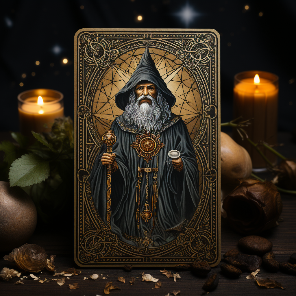 Vintage tarot card with Gandalf in mystic setting