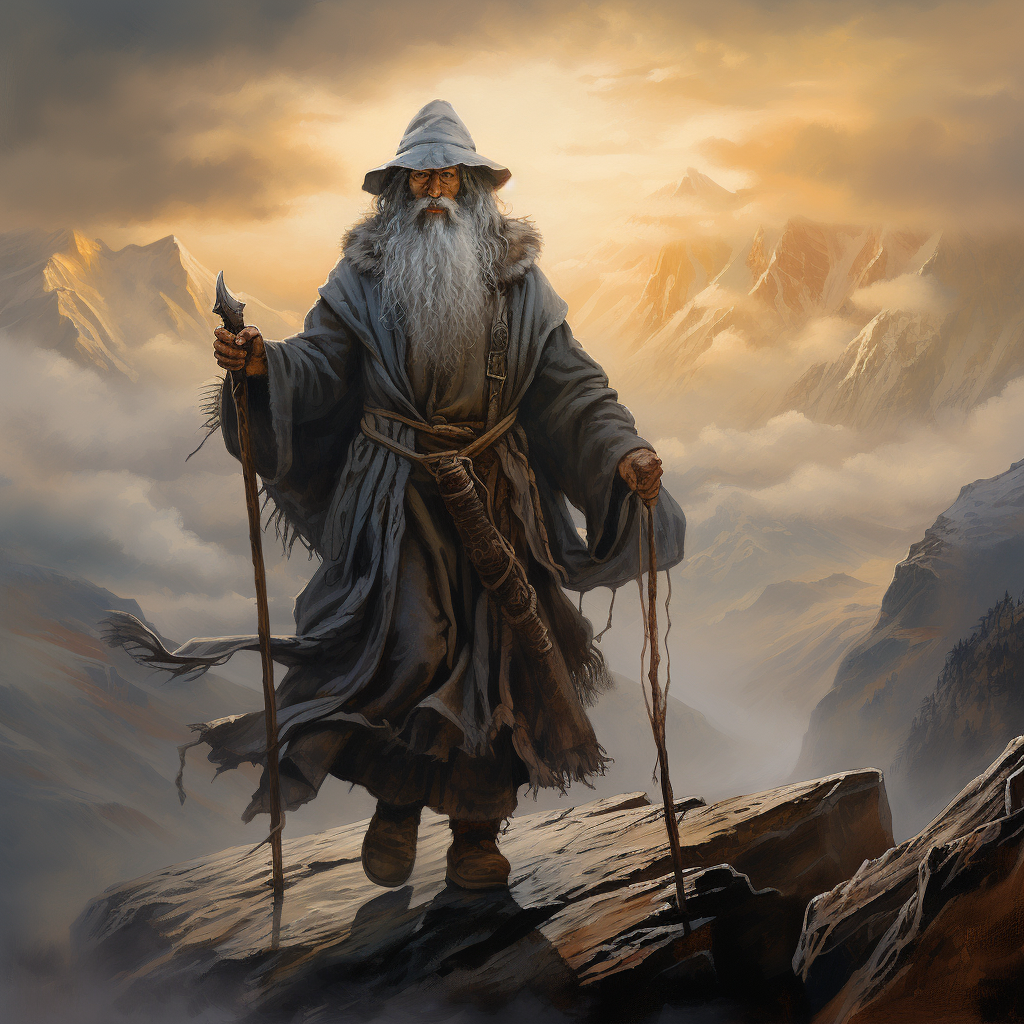 Gandalf the Gray descending from the mountain with the sun