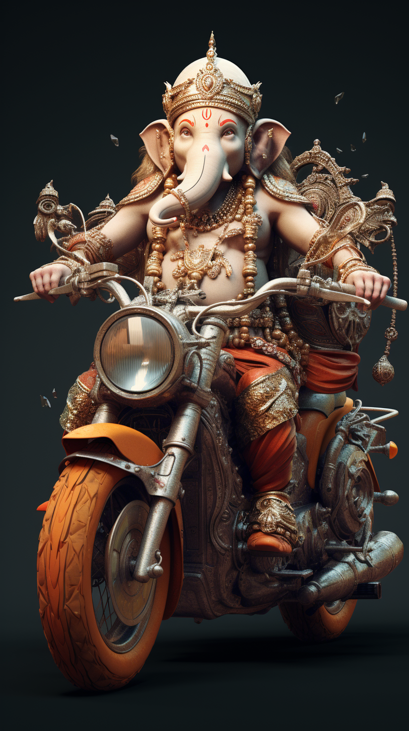 Realistic depiction of Lord Ganesh riding a motorcycle