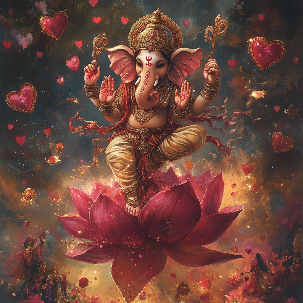 Ganesha Dancing Lotus Flowers Scene