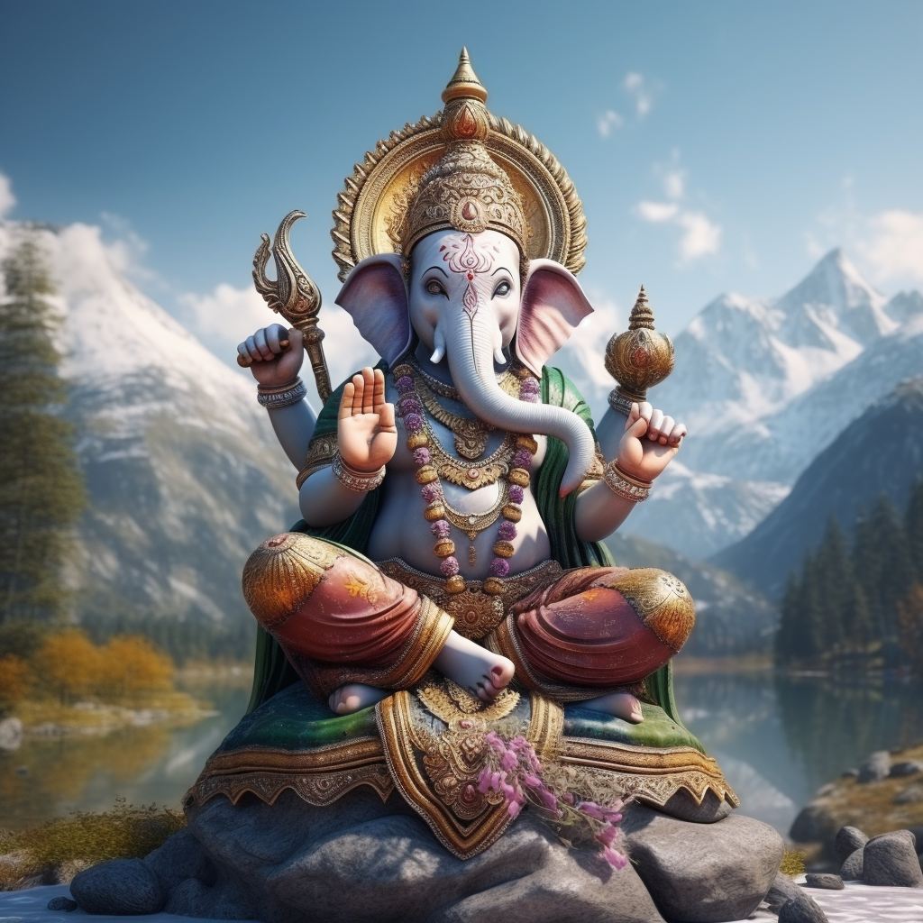 Ganesha with Peacock and Mouse near Mountains and River