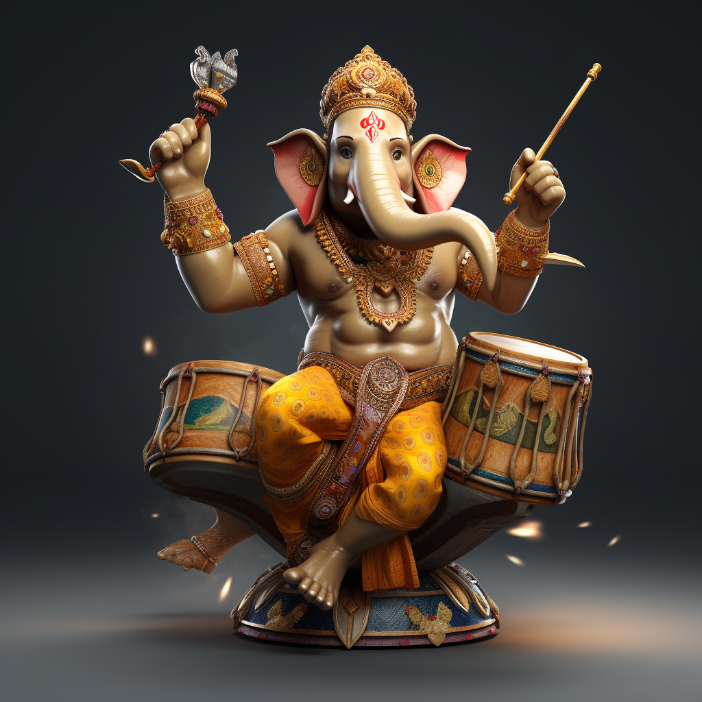 Detailed image of Hindu God Ganesha playing rock drums