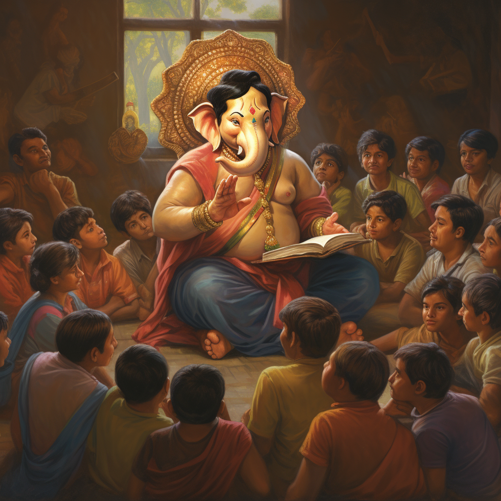 Lord Ganesha teaching students in school