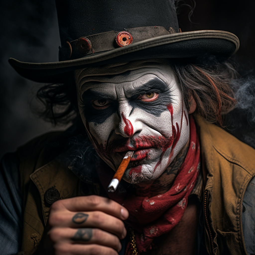 Hyperrealistic Gang Member Clown Smoking a Cigar