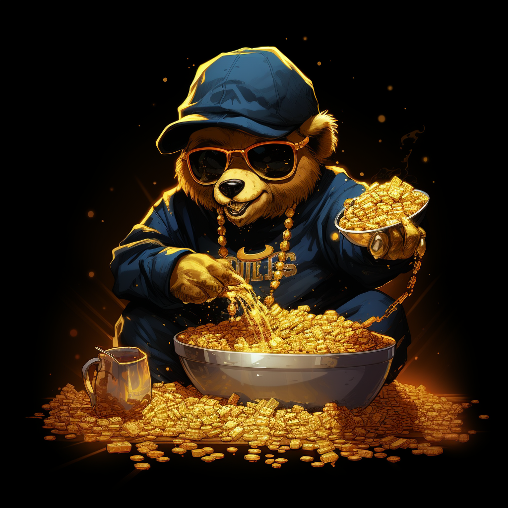 Cartoon gangsta teddy bear pouring gold cereal