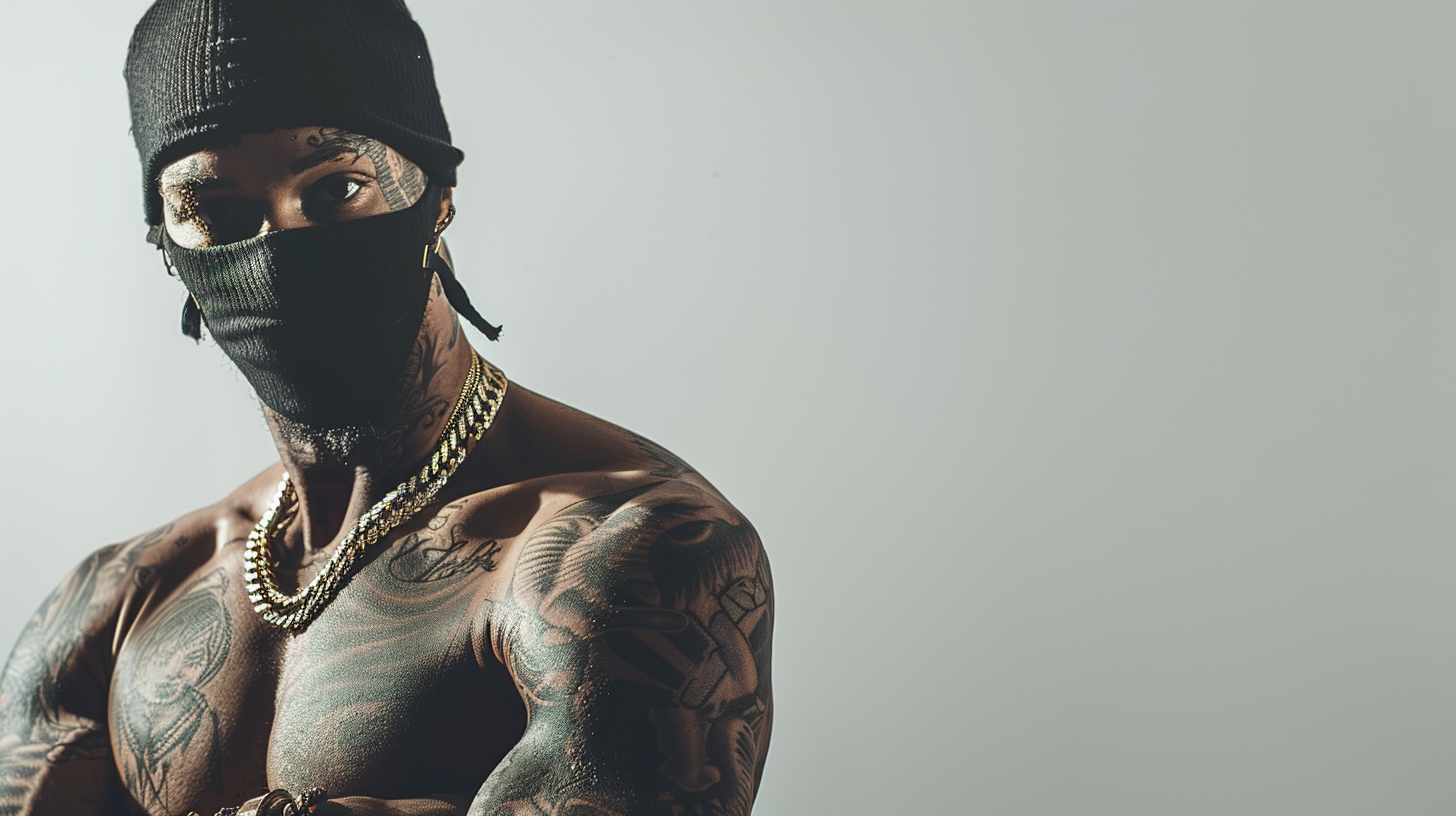 Gangster with ski mask and tattoos