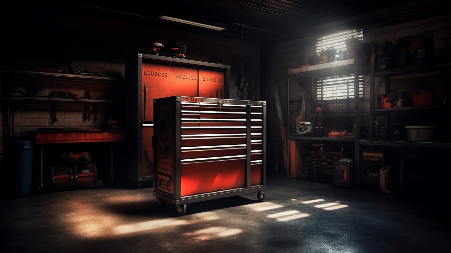 Photorealistic image of a garage roller cabinet tool box