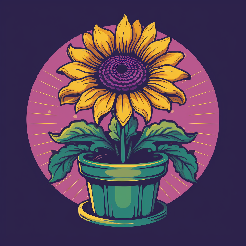 Sunflower-shaped potted plant at a purple sunset