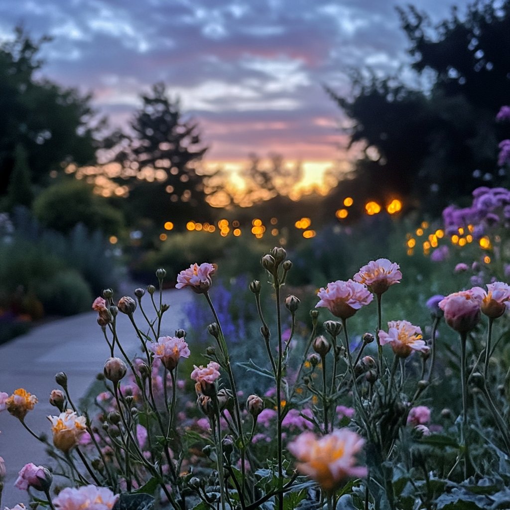 Twilight garden with glowing flowers