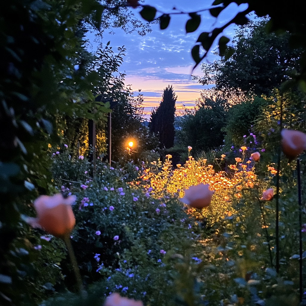 Twilight garden with glowing flowers