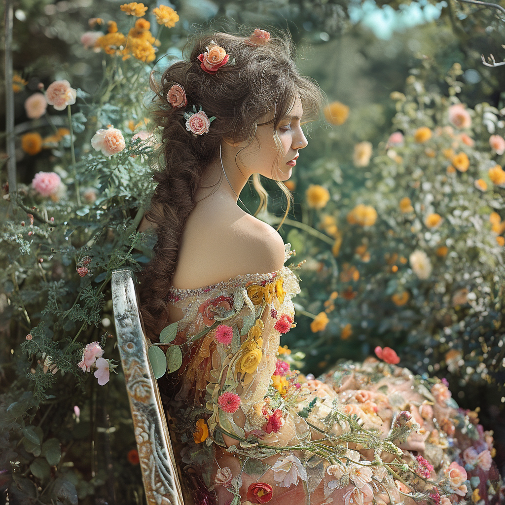 Woman with Flower Hair Sitting on Garden Bench