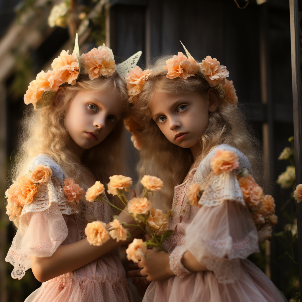 Cute angel kids surrounded by real garden flowers