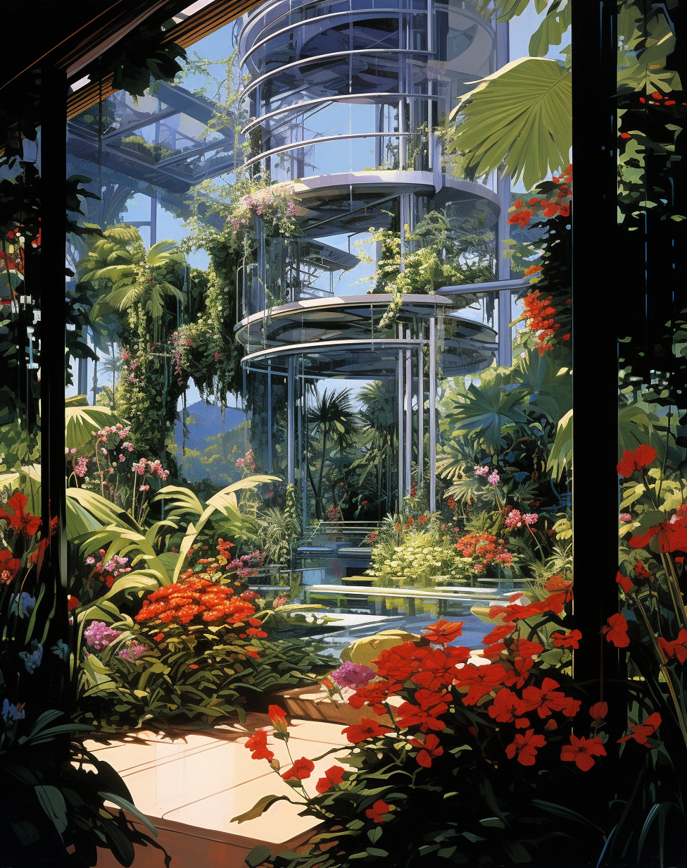 Beautiful sci-fi garden painting by Syd Mead