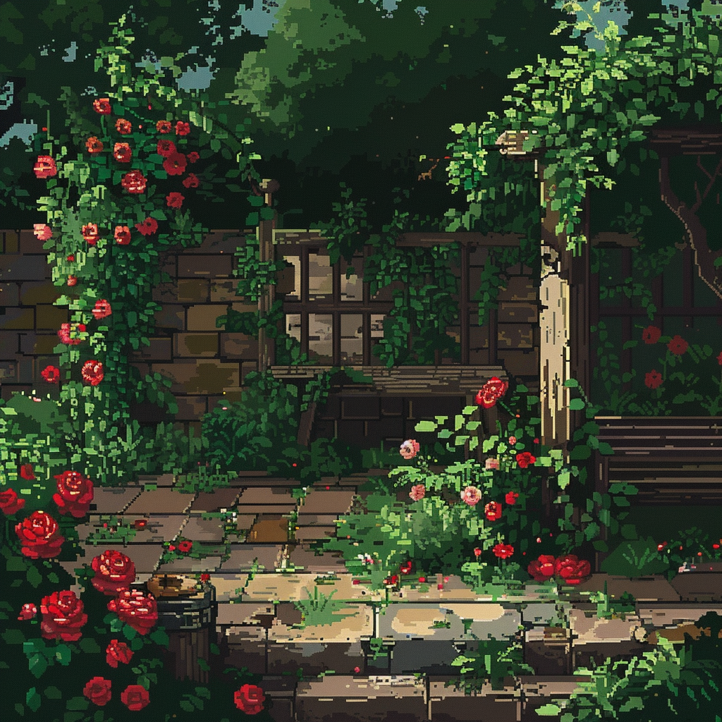 Pixel art of green roses garden