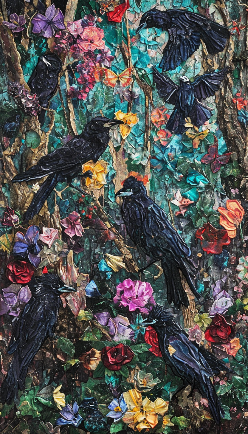 Garden Shadows Topiary Crows Impressionism 3D Embroidered