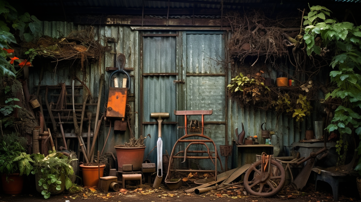 Rusty shed with garden tools