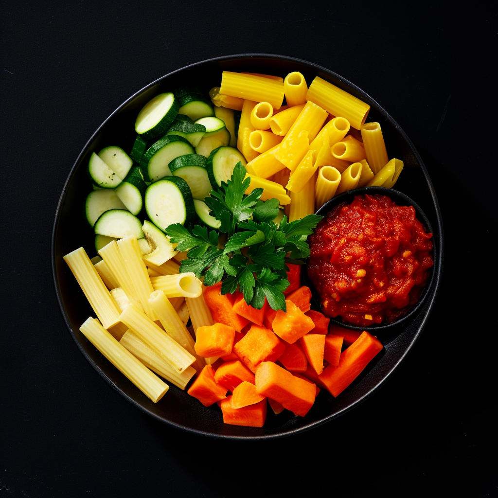 Garden Veggie Ragu Pasta on Black Background