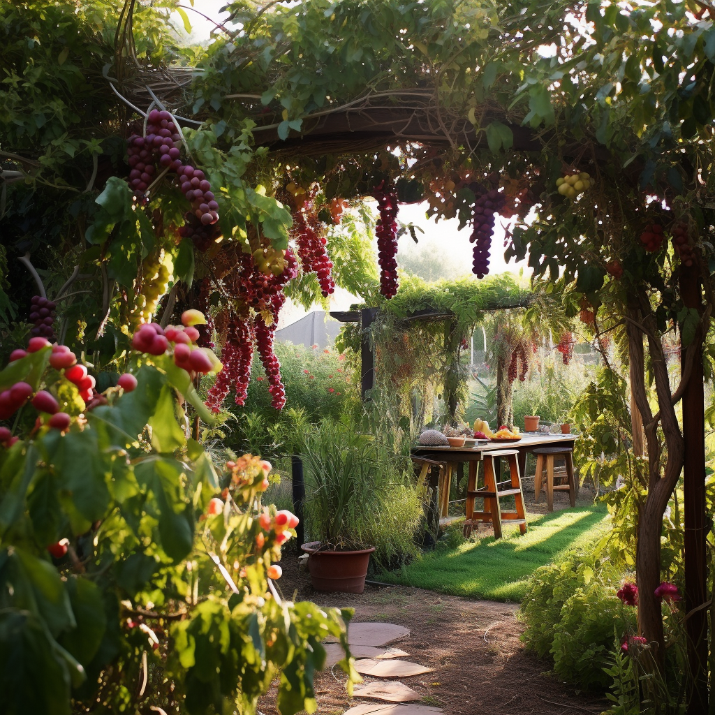 Lush garden with climbing vines and fruit trees