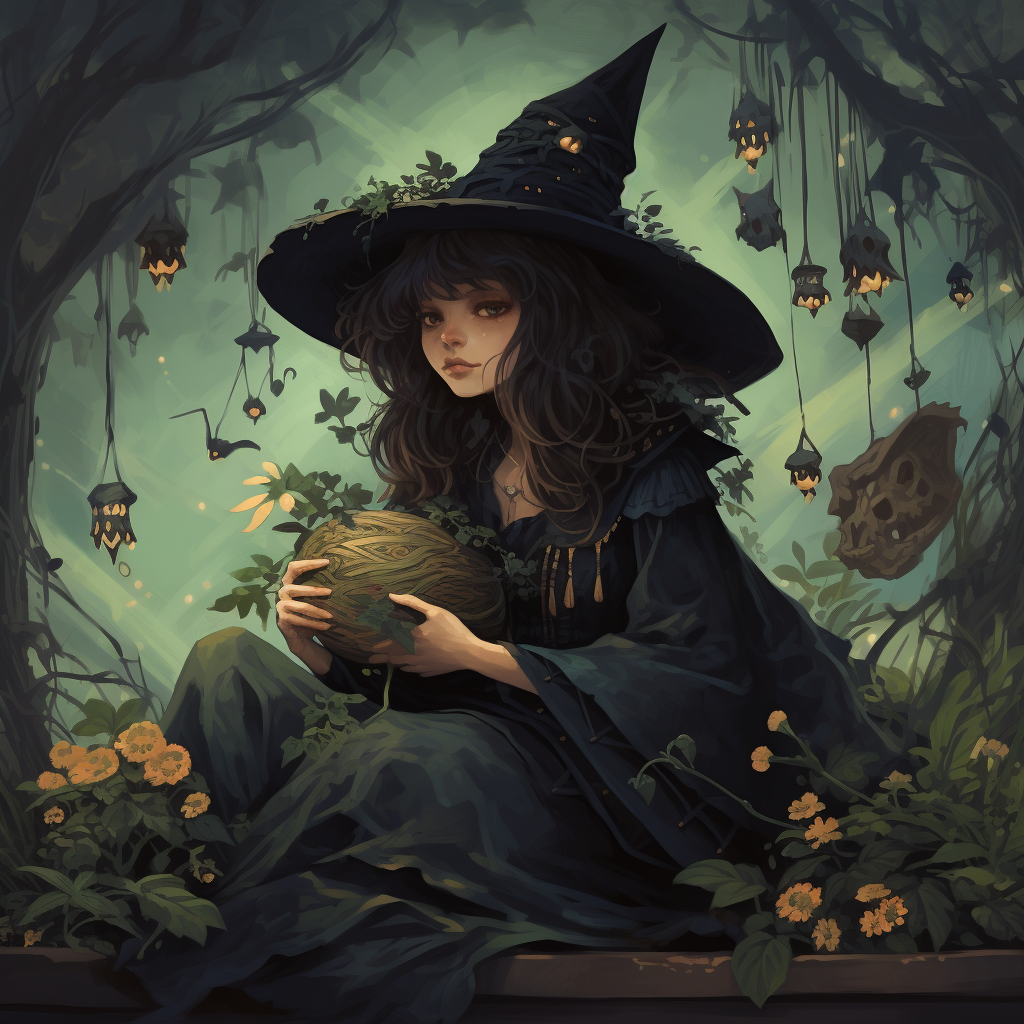 Enchanting Garden Witch casting spells among blooming flowers