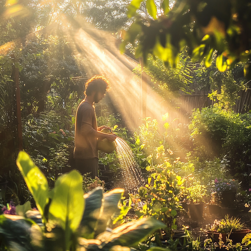 gardener watering plants morning sunlight