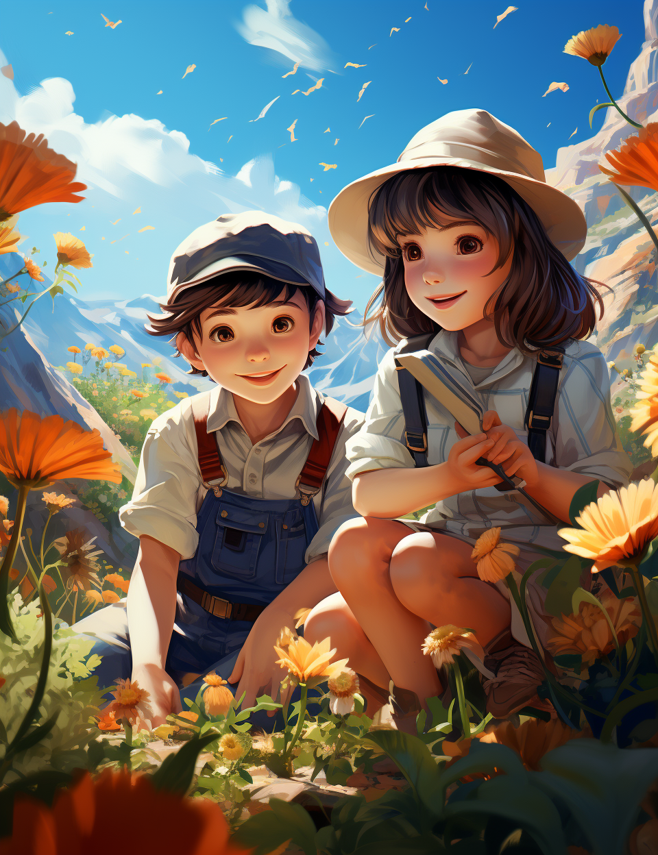 Two kids gardening under blue sky