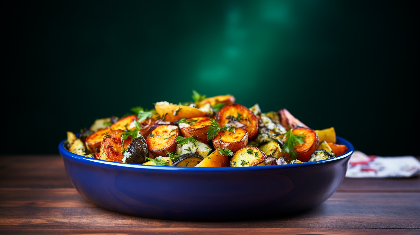 Colorful garlic herb roasted vegetable salad on plate