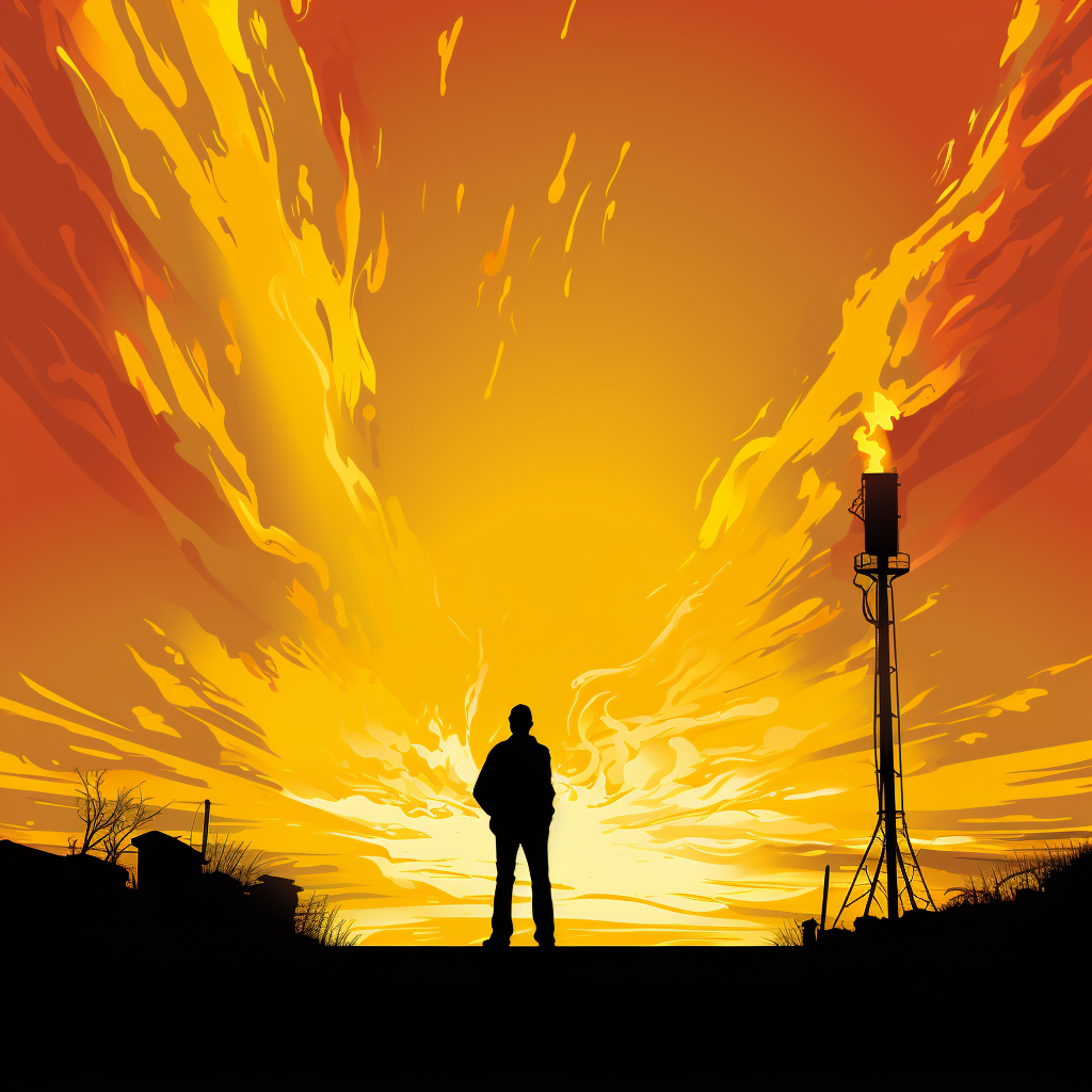 Silhouette of a gas flare in yellow colors