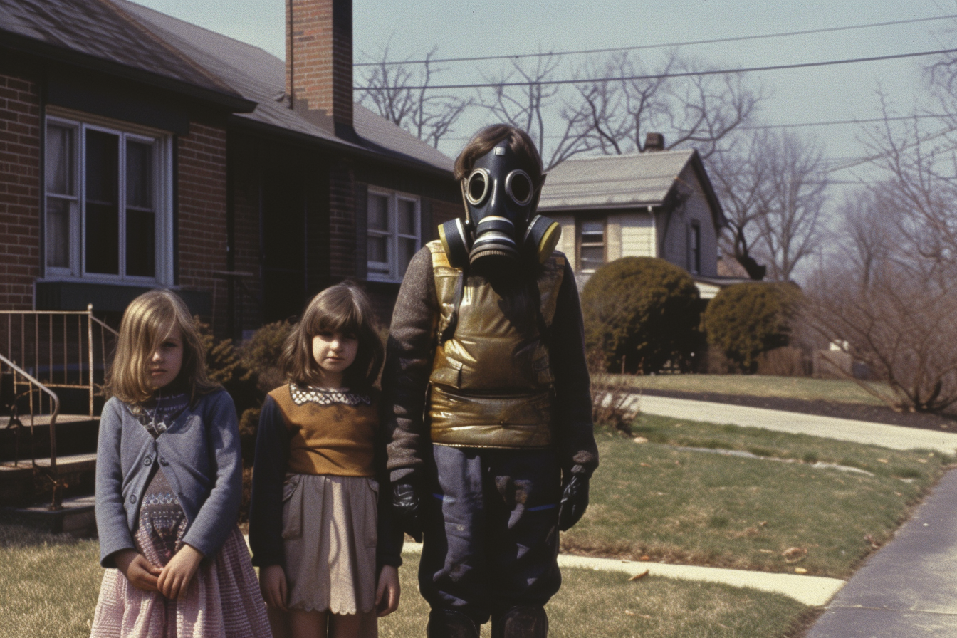 Gas Mask Man with Puzzled Children