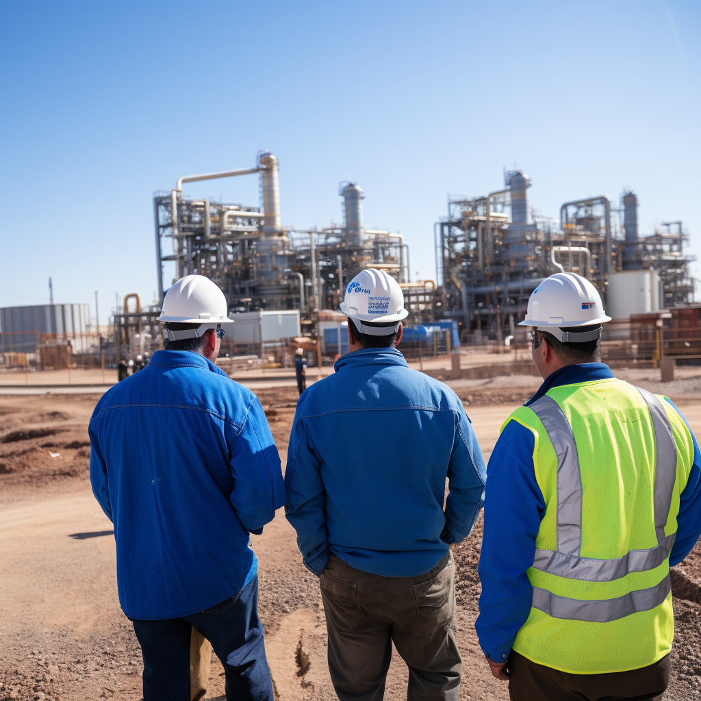 Group of Workers in Blue Tops at Gas Power Plant