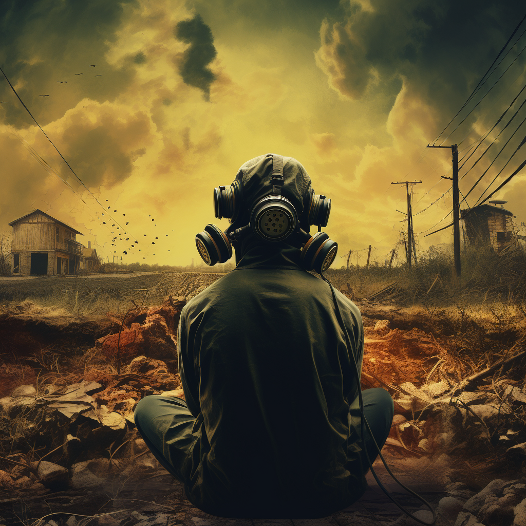 Person with Gasmask Listening to Explosive Music