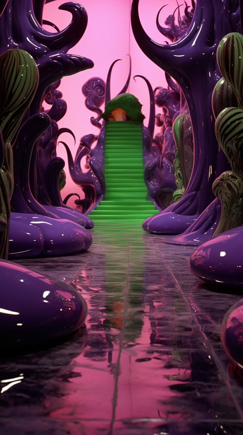 Colorful gate of hell with shiny latex and eggplants