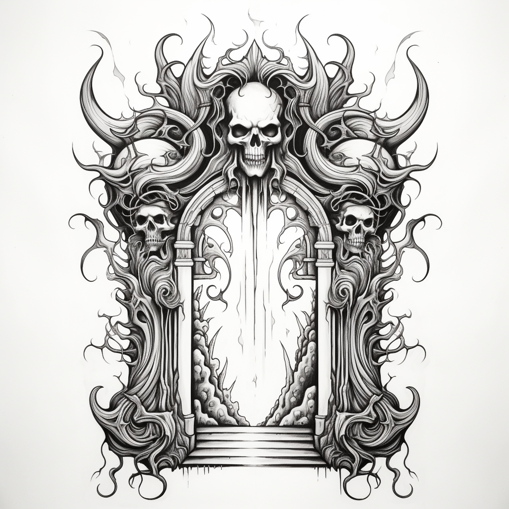 Whimsical black and white gates of hell tattoo