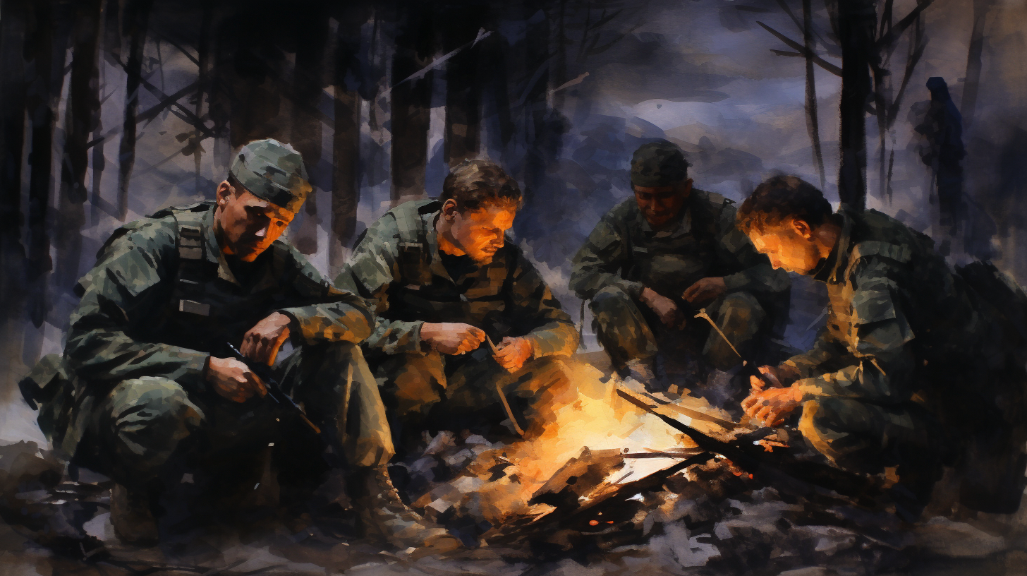 Silhouettes of soldiers around a night fire