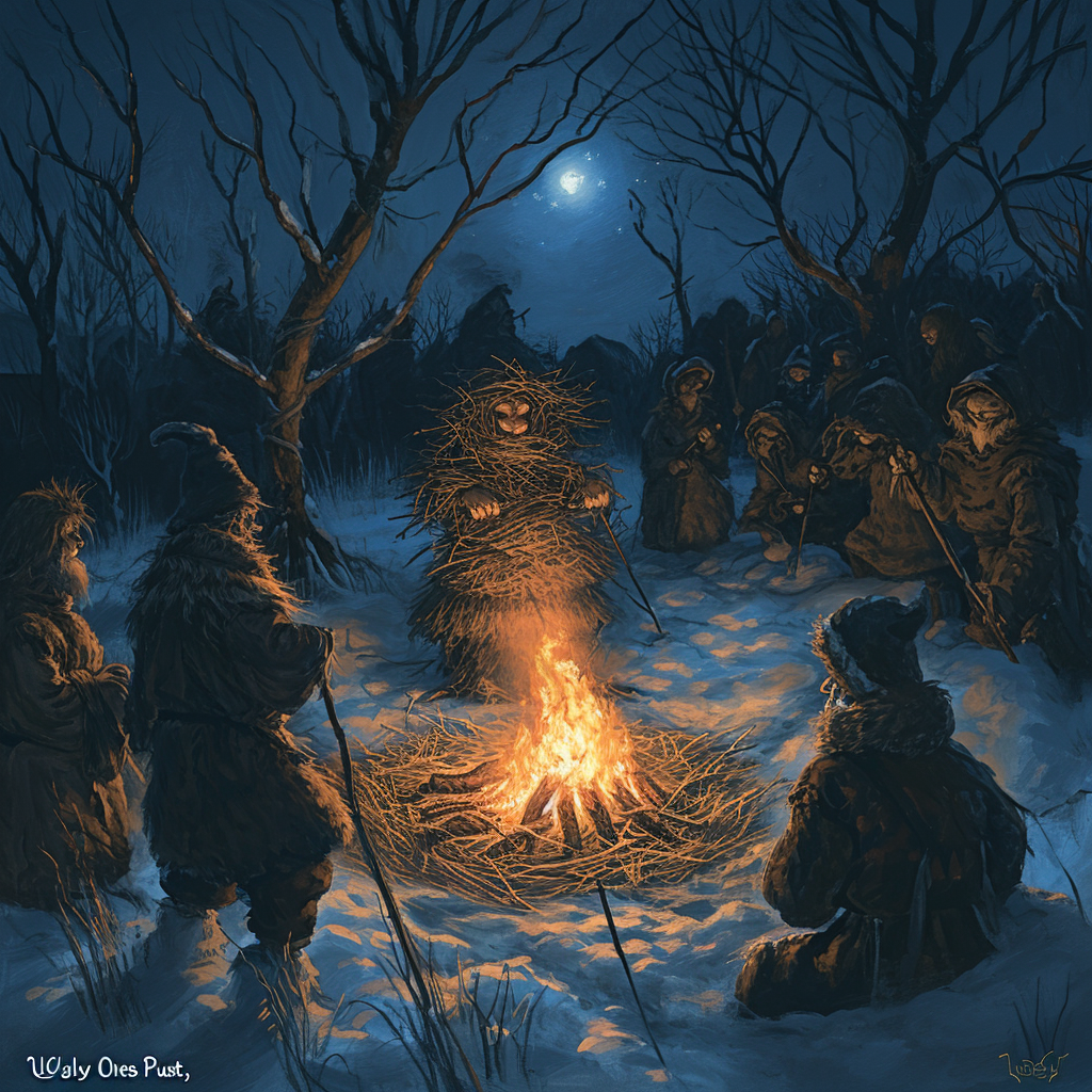 Gathering of the  Ugly Ones  burning the winter straw doll