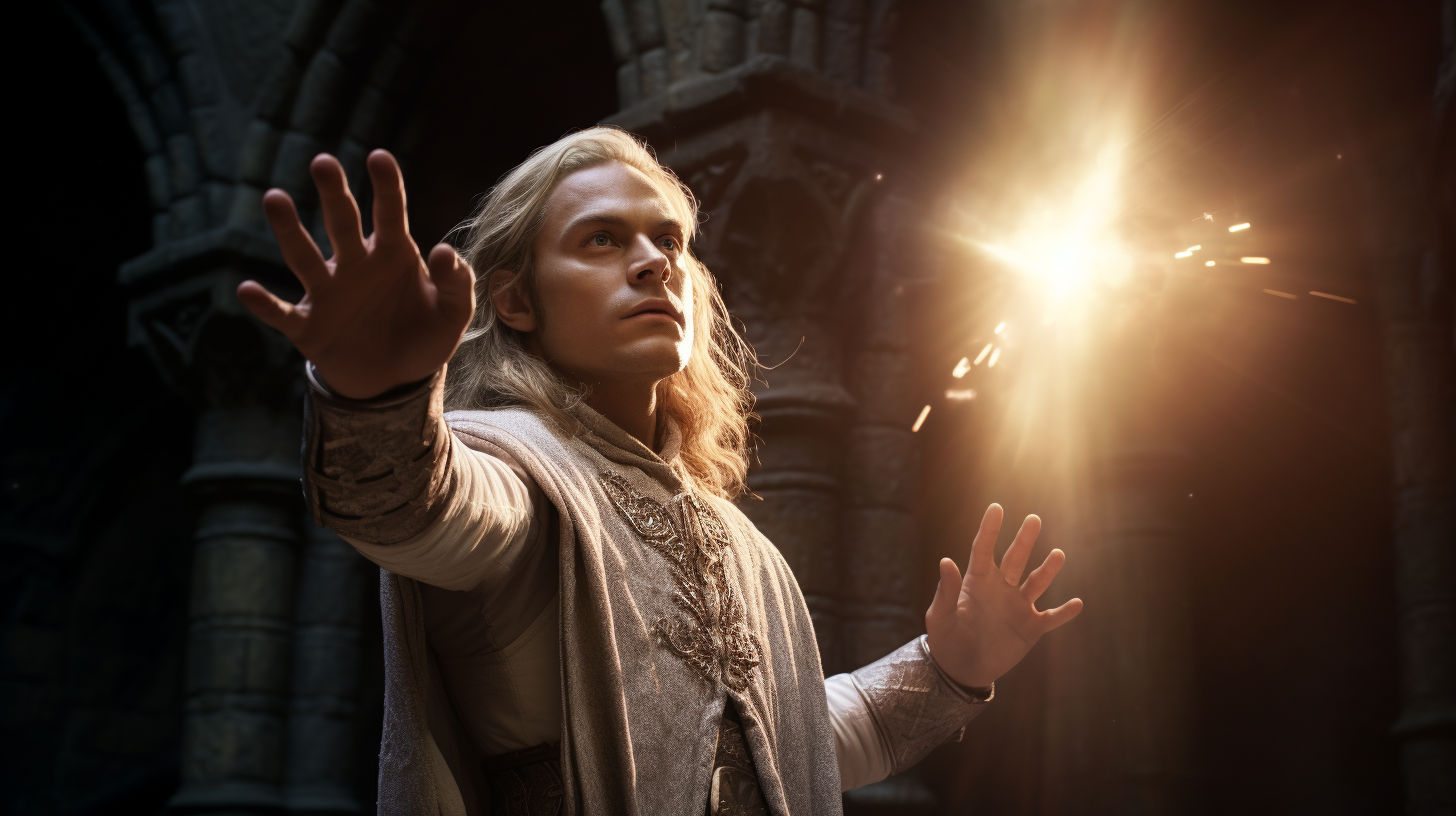 Gaunt male cleric casting divine light spheres