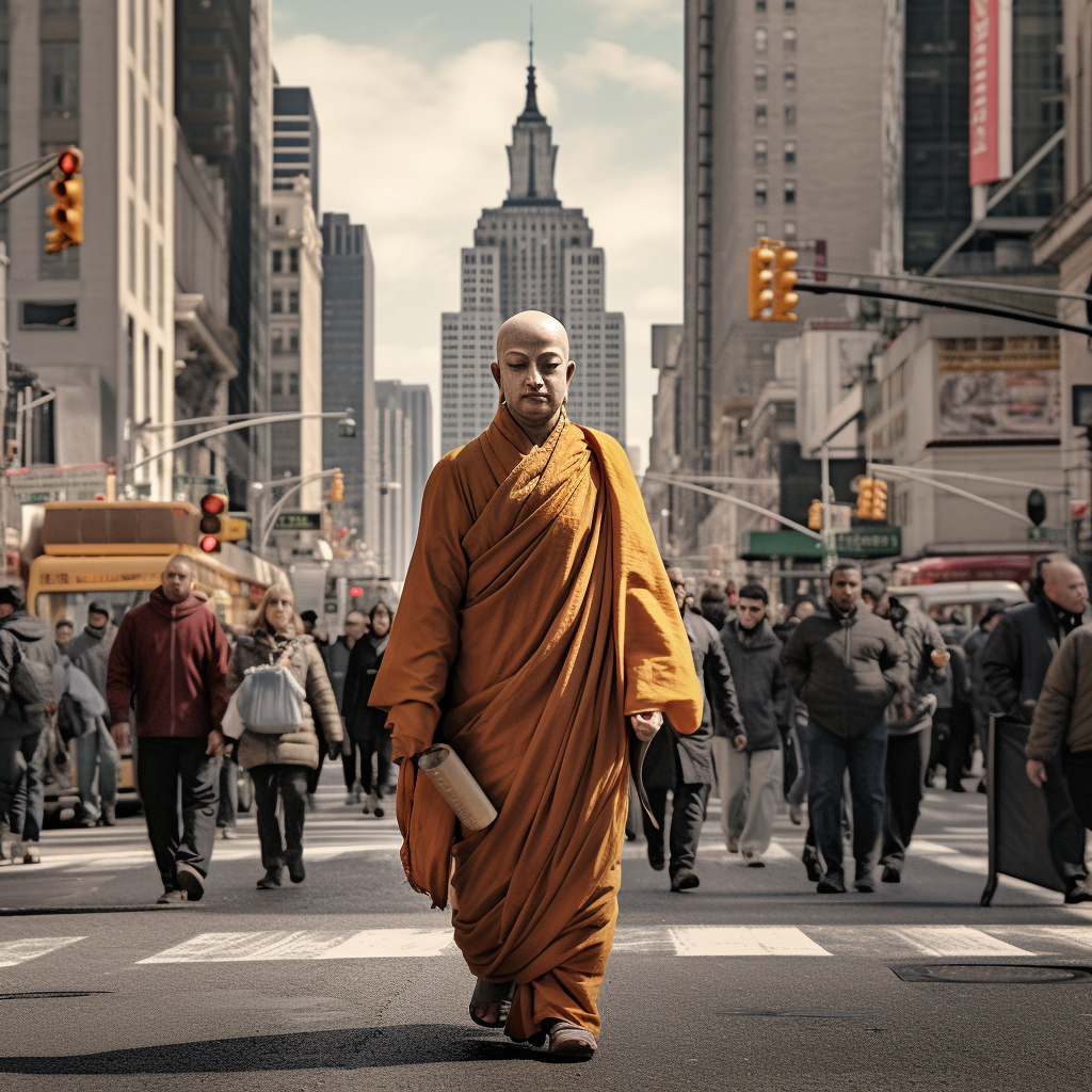 Peaceful Gautama Buddha walking in Manhattan's street