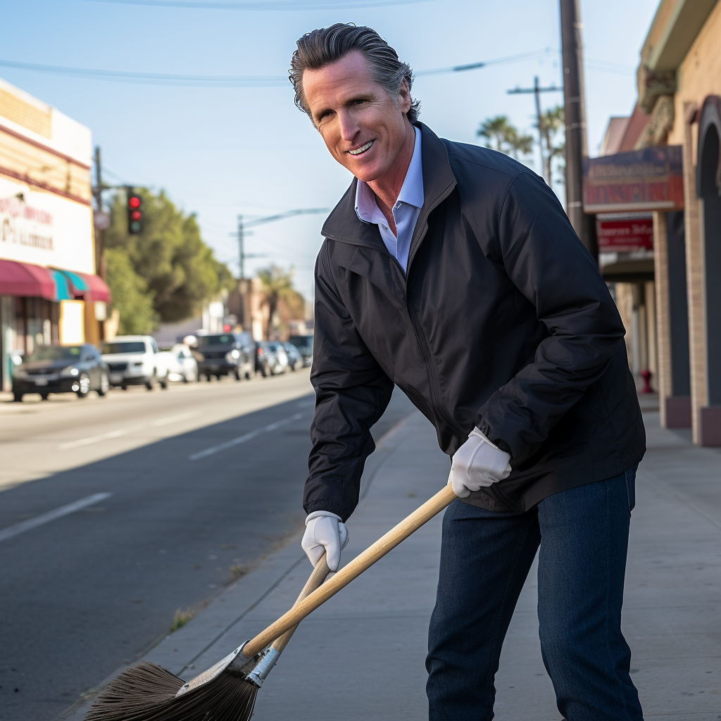 Gavin Newsom cleaning street with broom