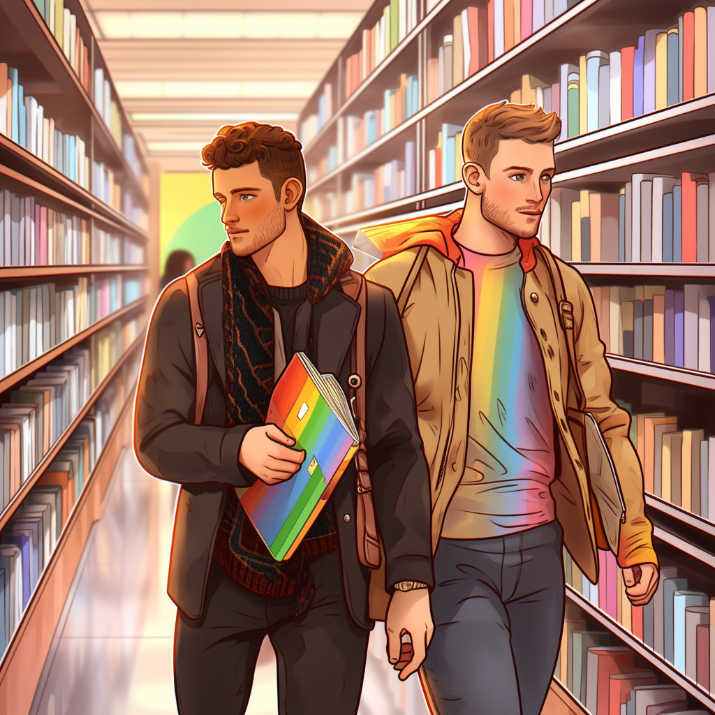 Colorful gay college professor in library