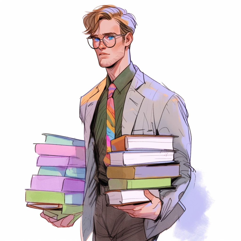 Gay college professor with books in library