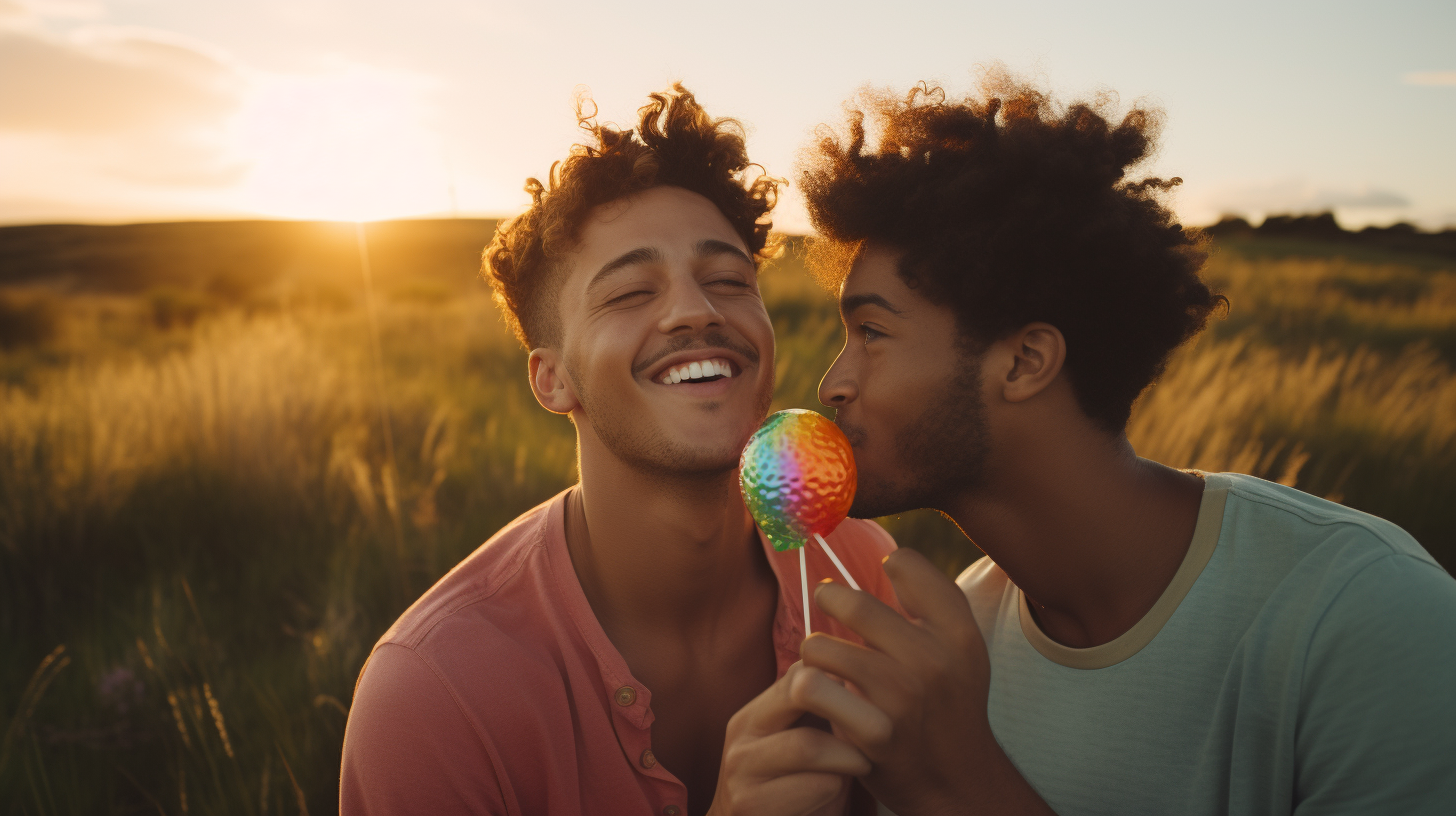 Gay couple enjoying lollipop together